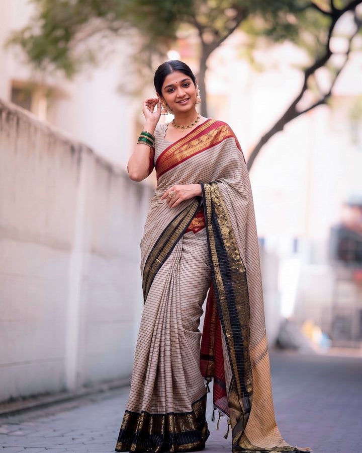 Beige And Black Striped Art Silk Saree