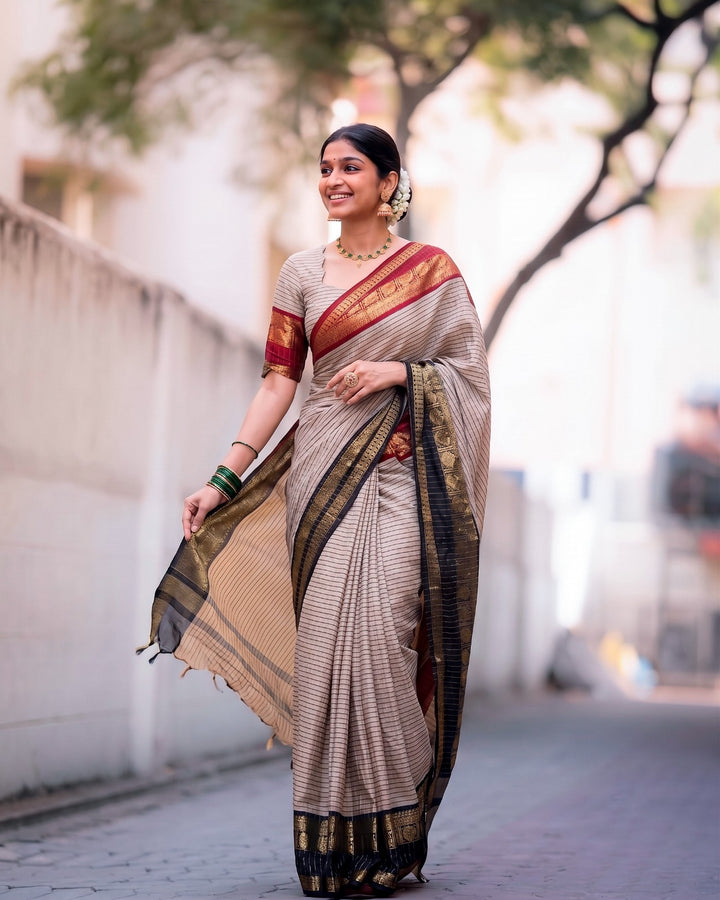 Beige And Black Striped Art Silk Saree