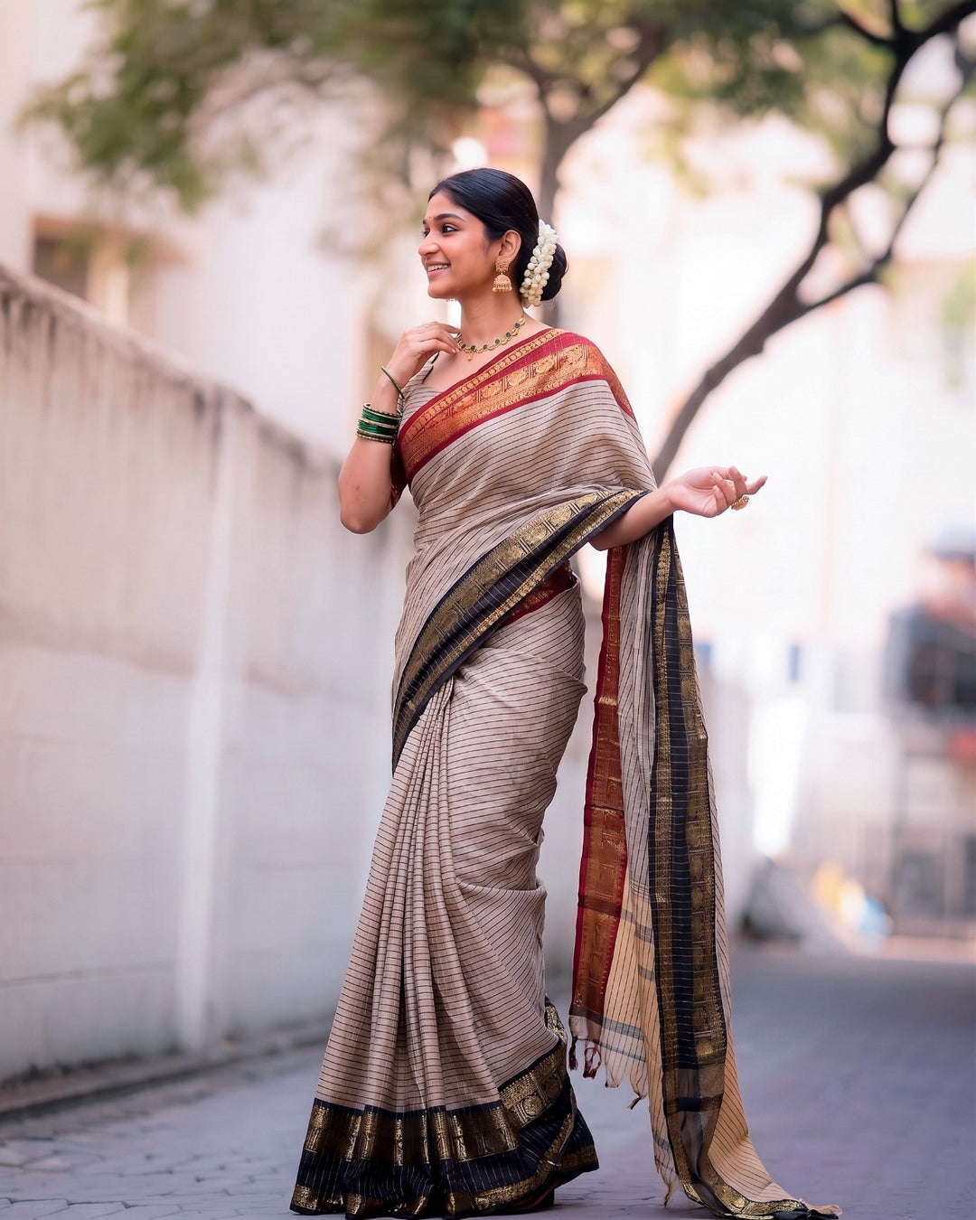 Beige And Black Striped Art Silk Saree