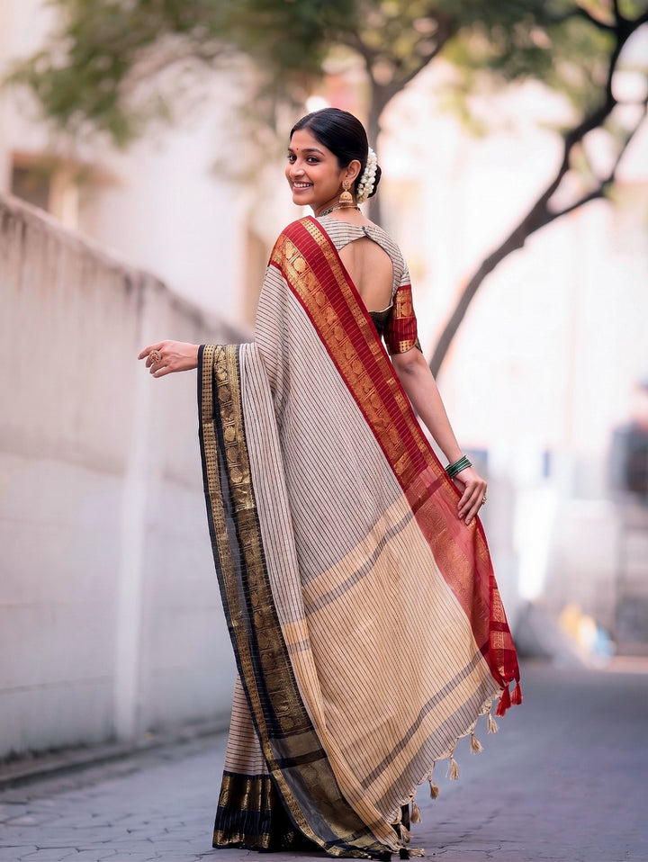 Beige And Black Striped Art Silk Saree
