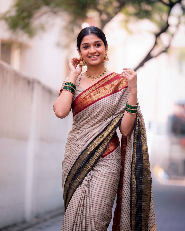 Beige And Black Striped Art Silk Saree