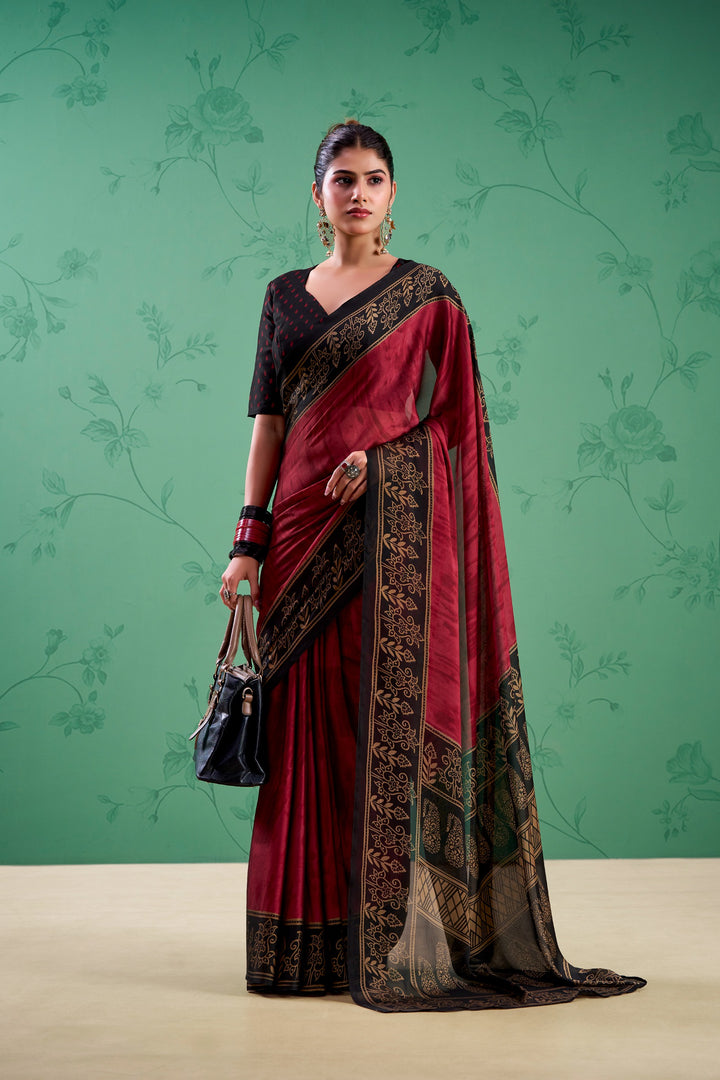 Maroon Color Paisley Printed Silk Saree