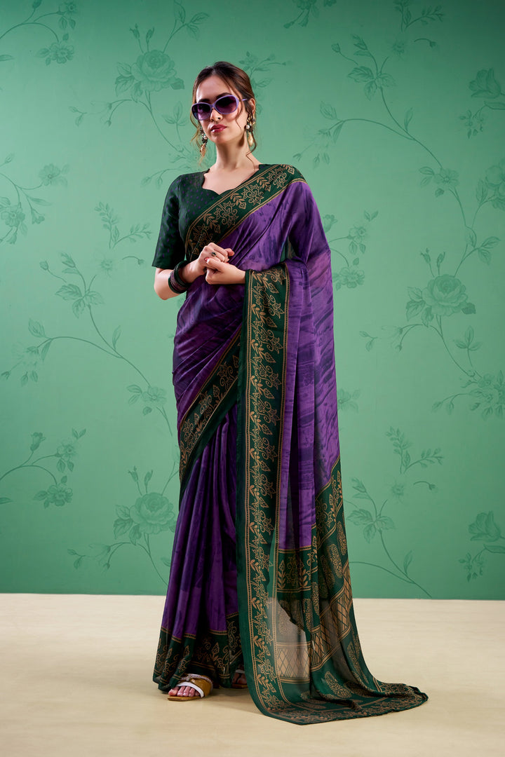 Purple Color Paisley Printed Silk Saree