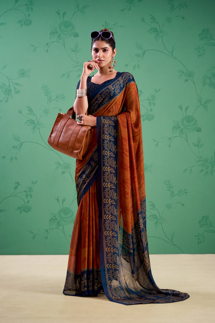 Rust Orange Color Paisley Printed Silk Saree