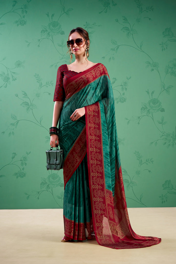 Teal Green Color Paisley Printed Silk Saree