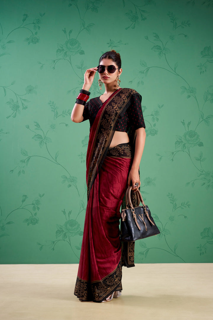 Maroon Color Paisley Printed Silk Saree