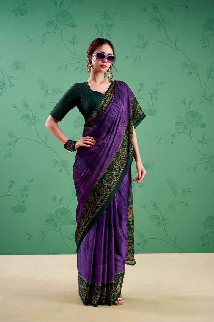 Purple Color Paisley Printed Silk Saree