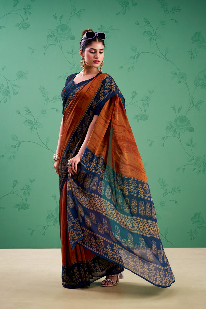 Rust Orange Color Paisley Printed Silk Saree