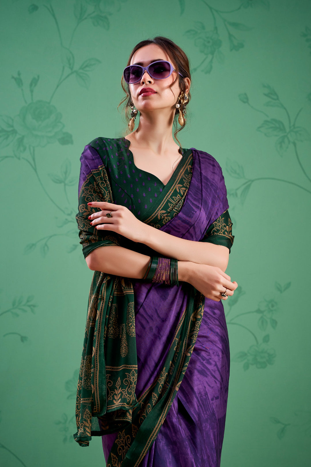 Purple Color Paisley Printed Silk Saree