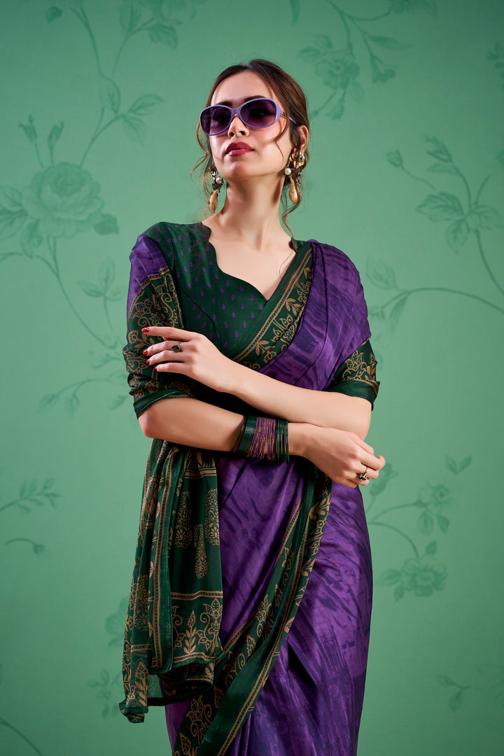 Purple Color Paisley Printed Silk Saree