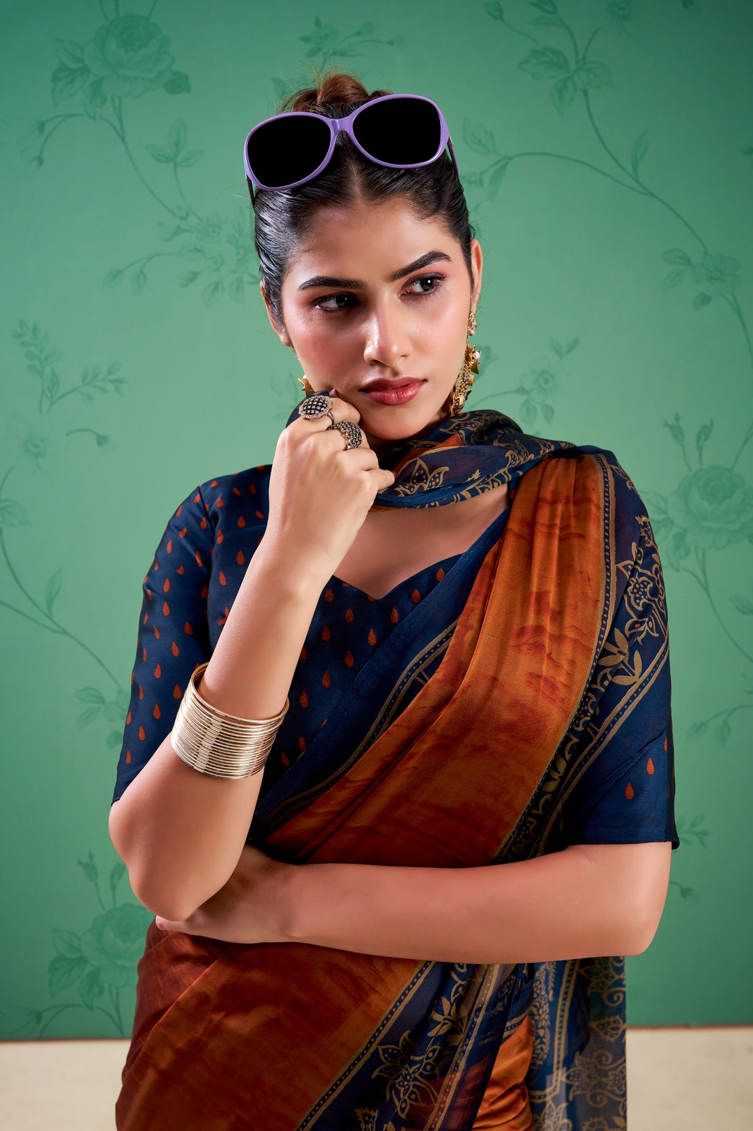 Rust Orange Color Paisley Printed Silk Saree