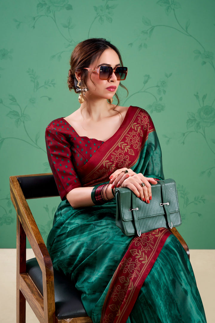 Teal Green Color Paisley Printed Silk Saree