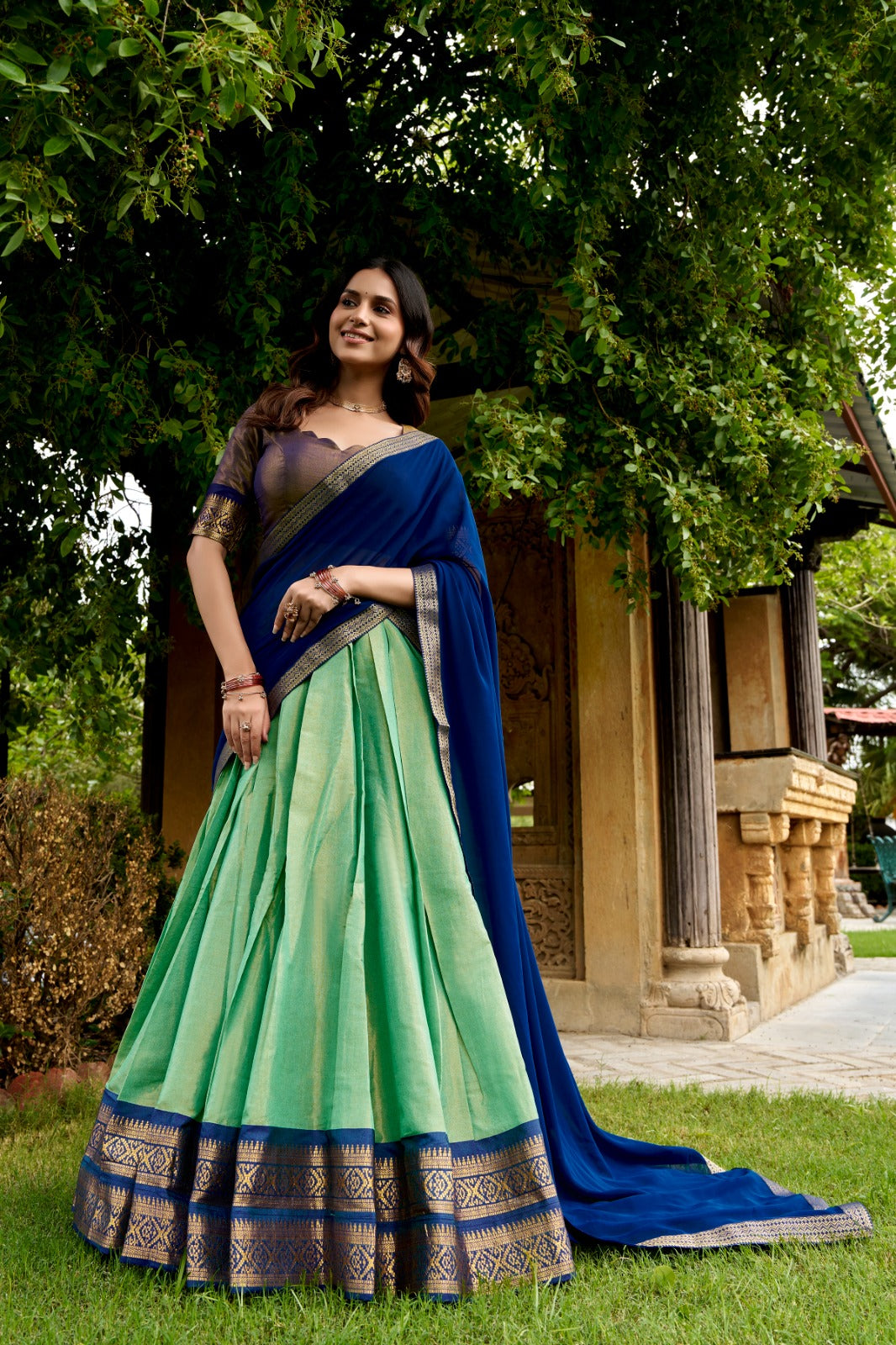 Designer Mint Green Kanchipuram Half Saree
