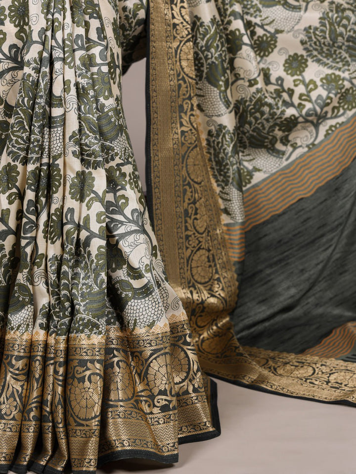 Green Tasar Silk Printed Saree with Viscose Border Matching Blouse