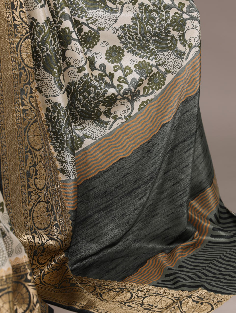 Green Tasar Silk Printed Saree with Viscose Border Matching Blouse
