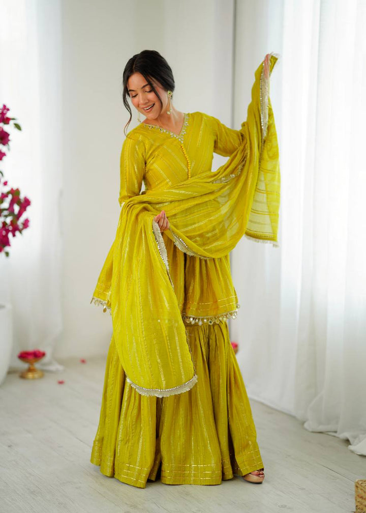 Lime Green Designer Mal Chanderi Mirror Work Sharara suit and Dupatta
