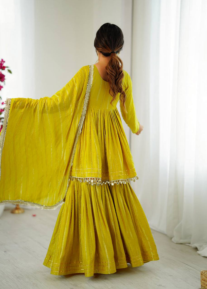 Lime Green Designer Mal Chanderi Mirror Work Sharara suit and Dupatta