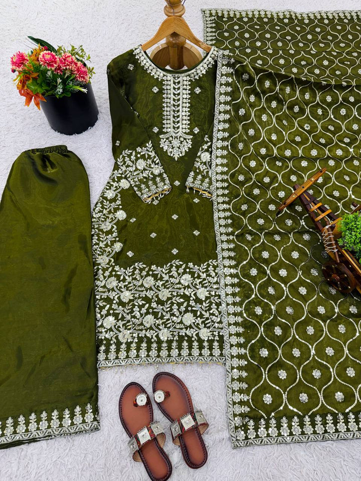 Moss Green Designer GMY Silk Plazzo Top and Dupatta For Party Wear