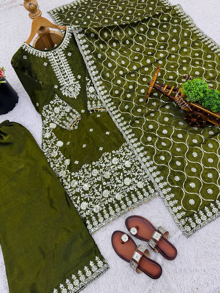 Moss Green Designer GMY Silk Plazzo Top and Dupatta For Party Wear