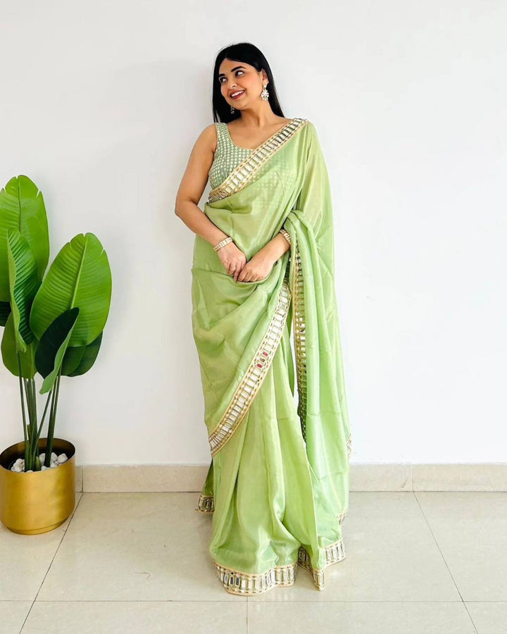 Pista Green Designer Pure Satin Silk Saree and Mirror Work Blouse