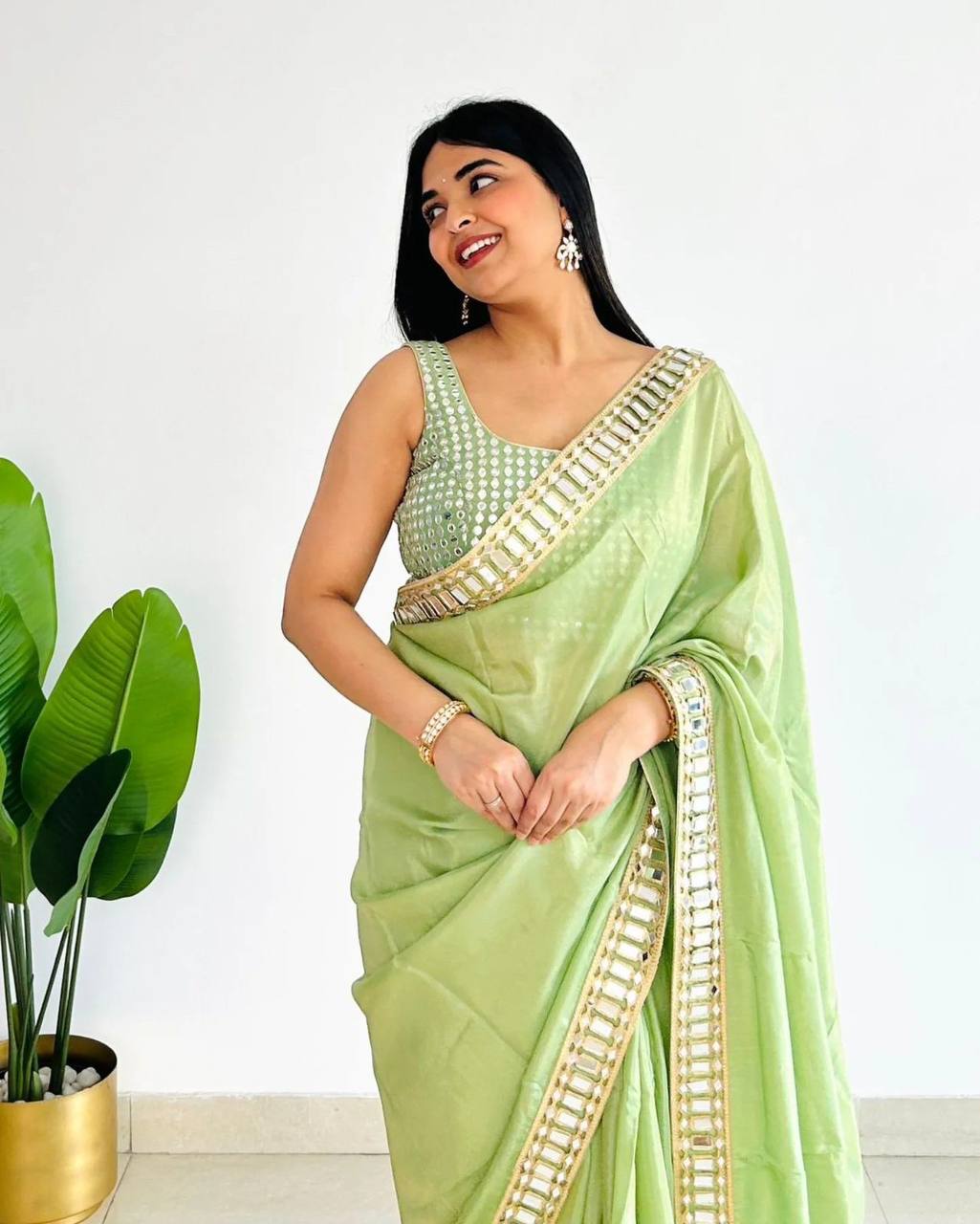 Pista Green Designer Pure Satin Silk Saree and Mirror Work Blouse