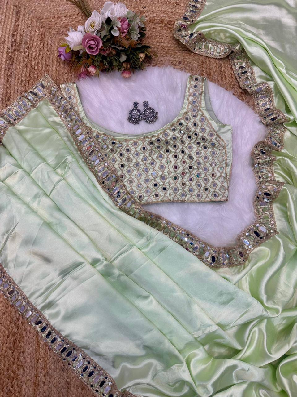 Pista Green Designer Pure Satin Silk Saree and Mirror Work Blouse