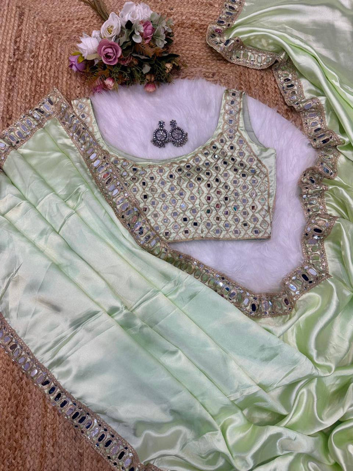 Pista Green Designer Pure Satin Silk Saree and Mirror Work Blouse