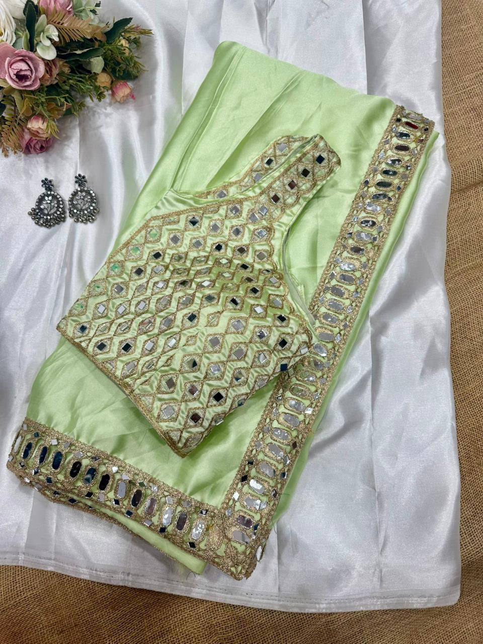 Pista Green Designer Pure Satin Silk Saree and Mirror Work Blouse