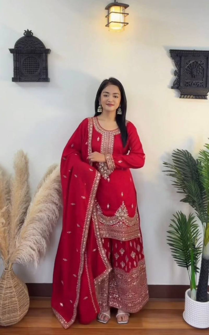 Red Designer Pure Chinon Silk Plazzo Top and Dupatta For Party Wear