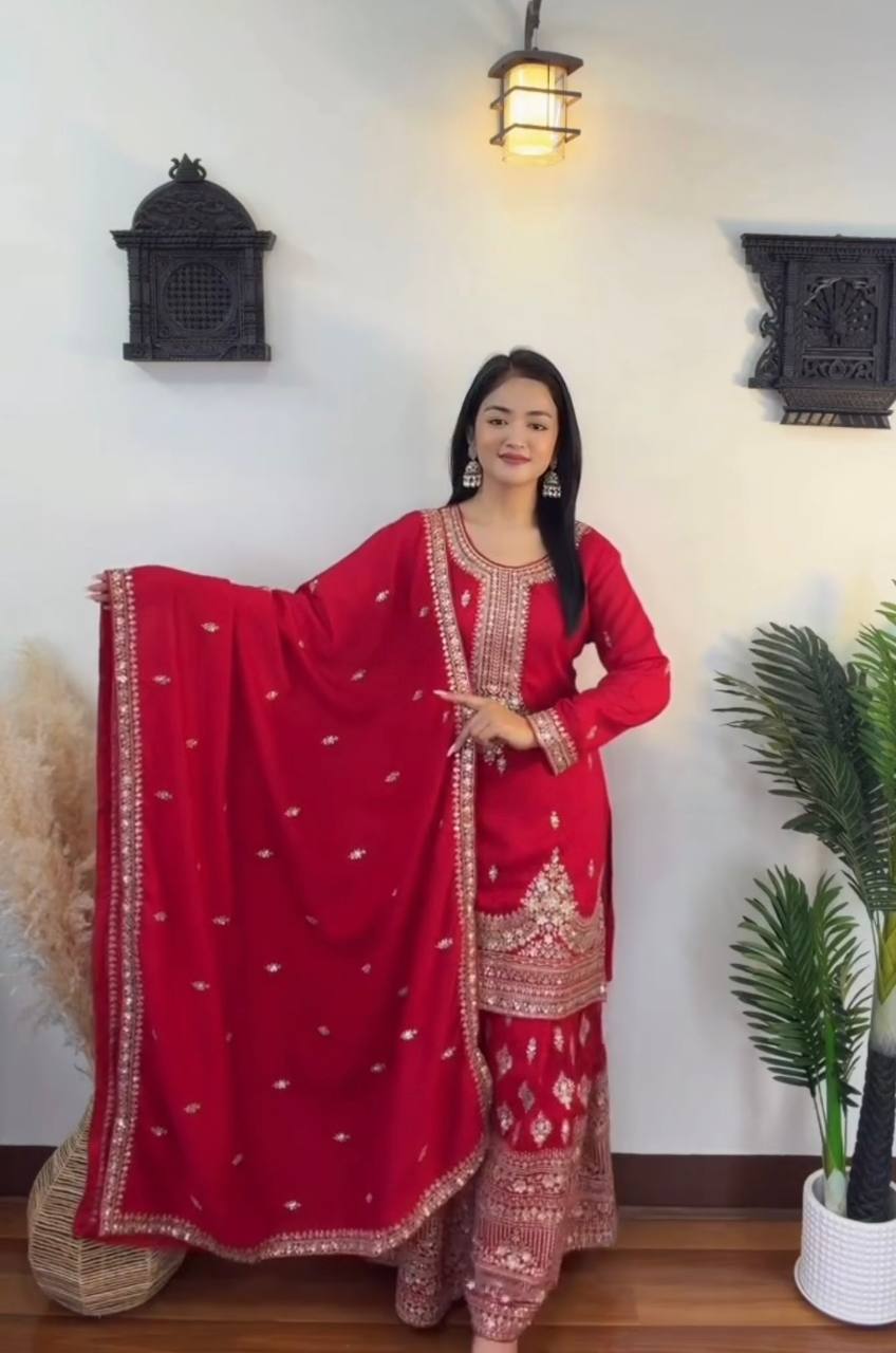 Red Designer Pure Chinon Silk Plazzo Top and Dupatta For Party Wear