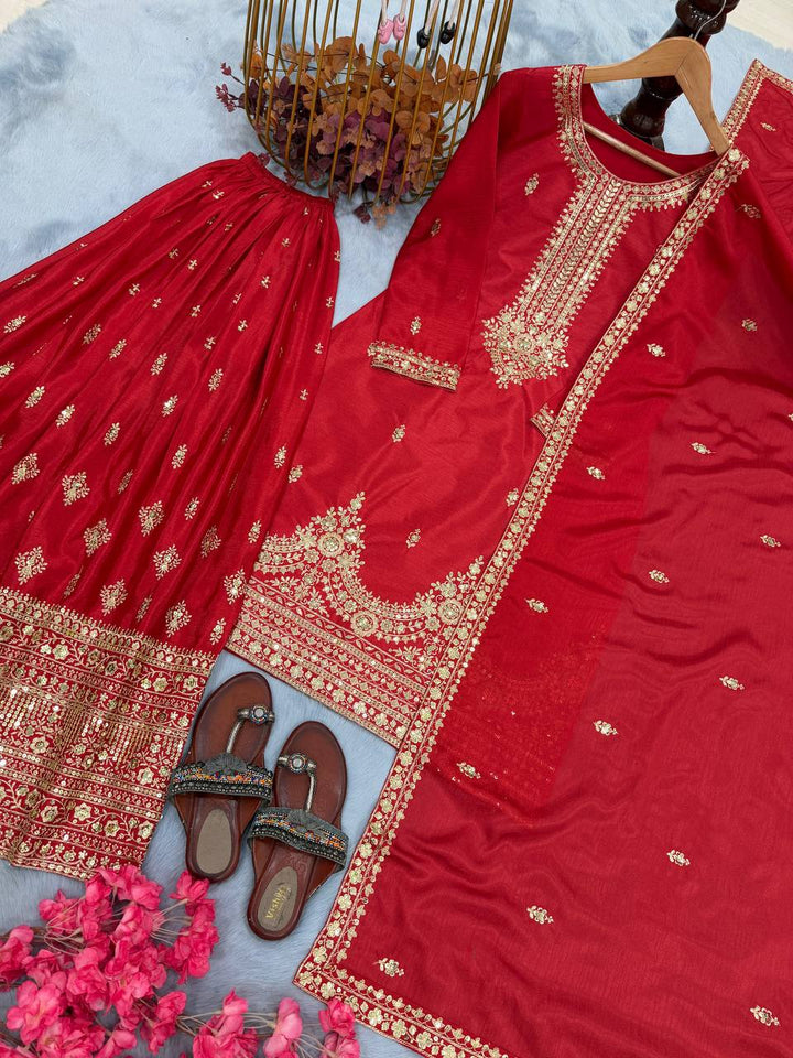 Red Designer Pure Chinon Silk Plazzo Top and Dupatta For Party Wear