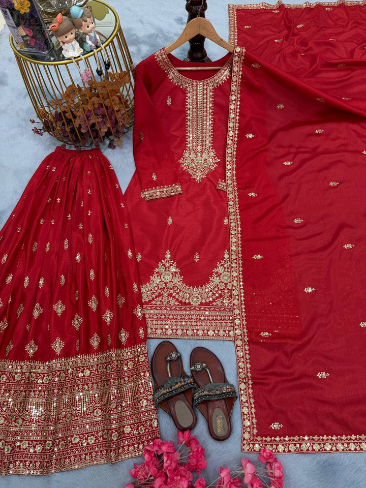 Red Designer Pure Chinon Silk Plazzo Top and Dupatta For Party Wear