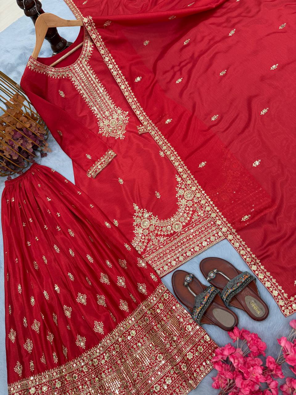 Red Designer Pure Chinon Silk Plazzo Top and Dupatta For Party Wear