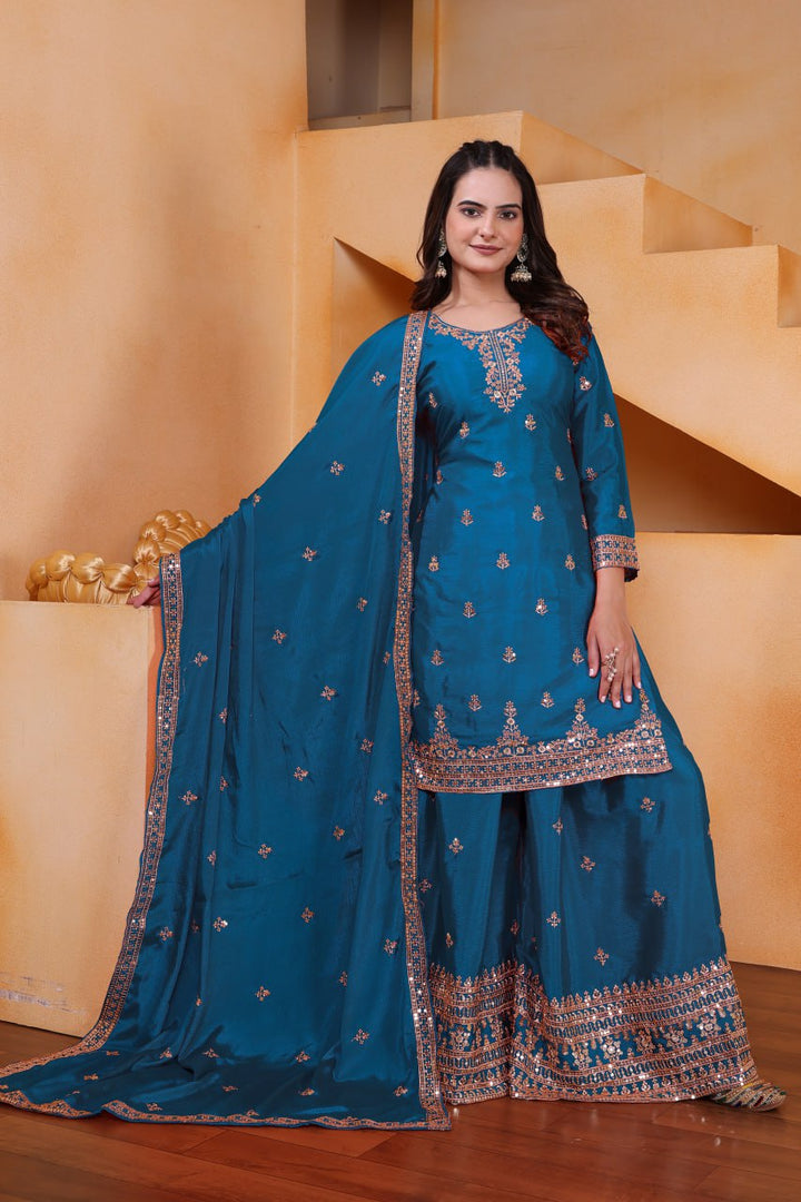 Teal Blue Designer Chinon Silk Embroidery Sharara Suit Set and Dupatta