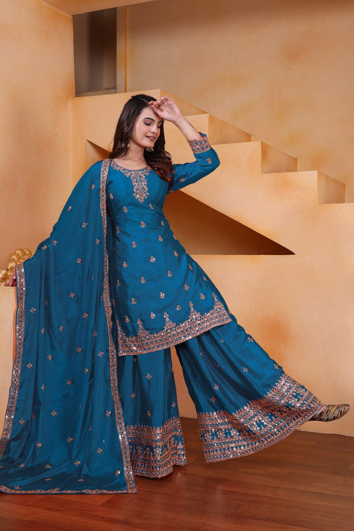 Teal Blue Designer Chinon Silk Embroidery Sharara Suit Set and Dupatta