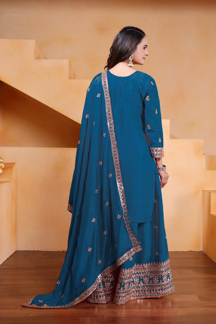 Teal Blue Designer Chinon Silk Embroidery Sharara Suit Set and Dupatta