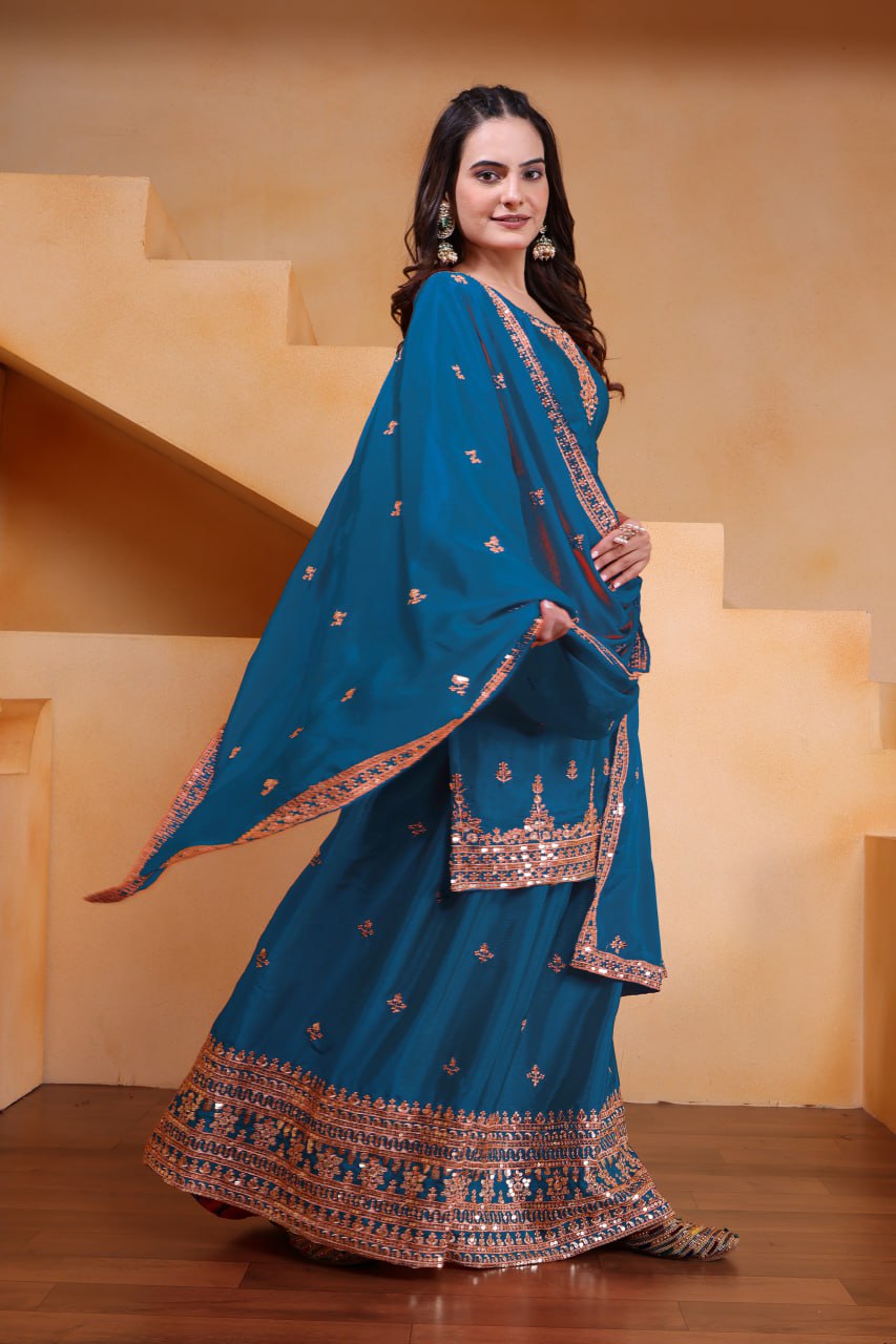 Teal Blue Designer Chinon Silk Embroidery Sharara Suit Set and Dupatta