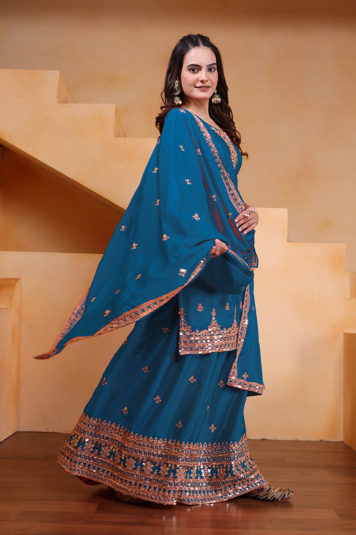 Teal Blue Designer Chinon Silk Embroidery Sharara Suit Set and Dupatta