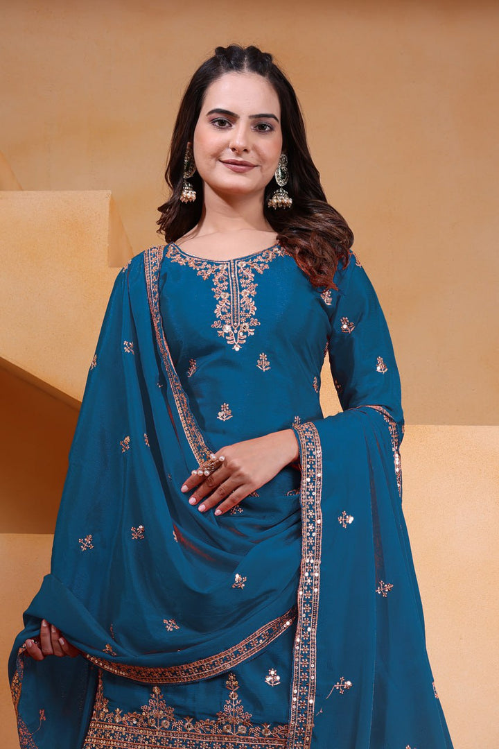 Teal Blue Designer Chinon Silk Embroidery Sharara Suit Set and Dupatta