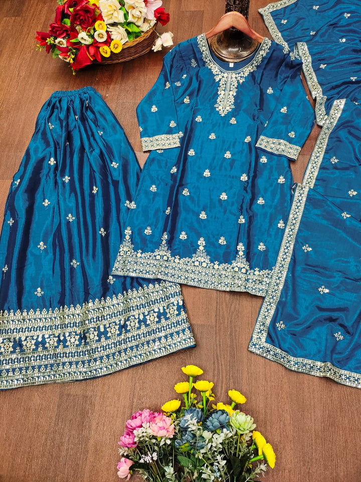 Teal Blue Designer Chinon Silk Embroidery Sharara Suit Set and Dupatta