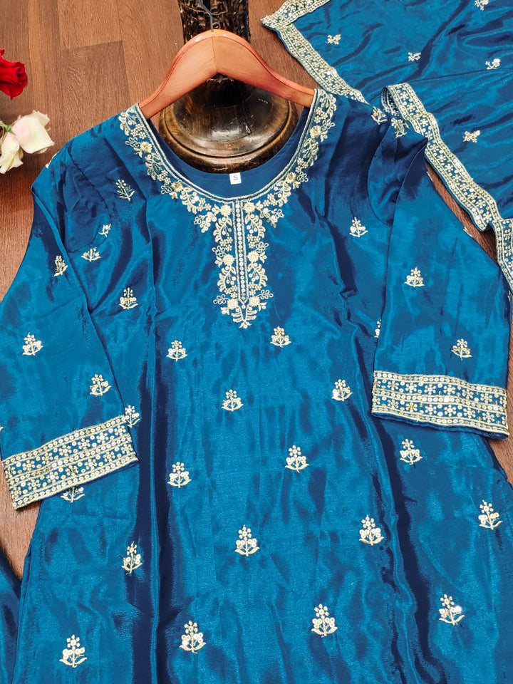 Teal Blue Designer Chinon Silk Embroidery Sharara Suit Set and Dupatta